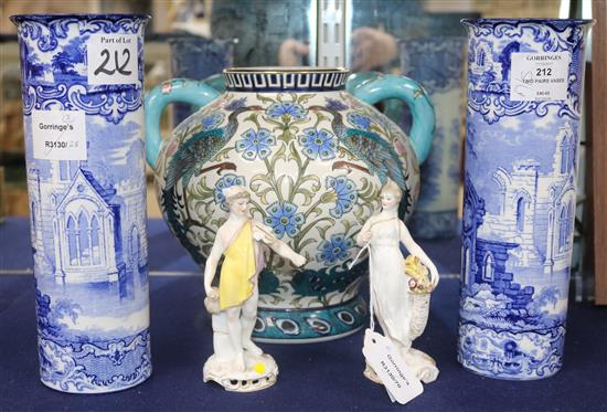 A modern Persian style two handled vase and a pair of blue and white sleeve vases and a pair of porcelain figures